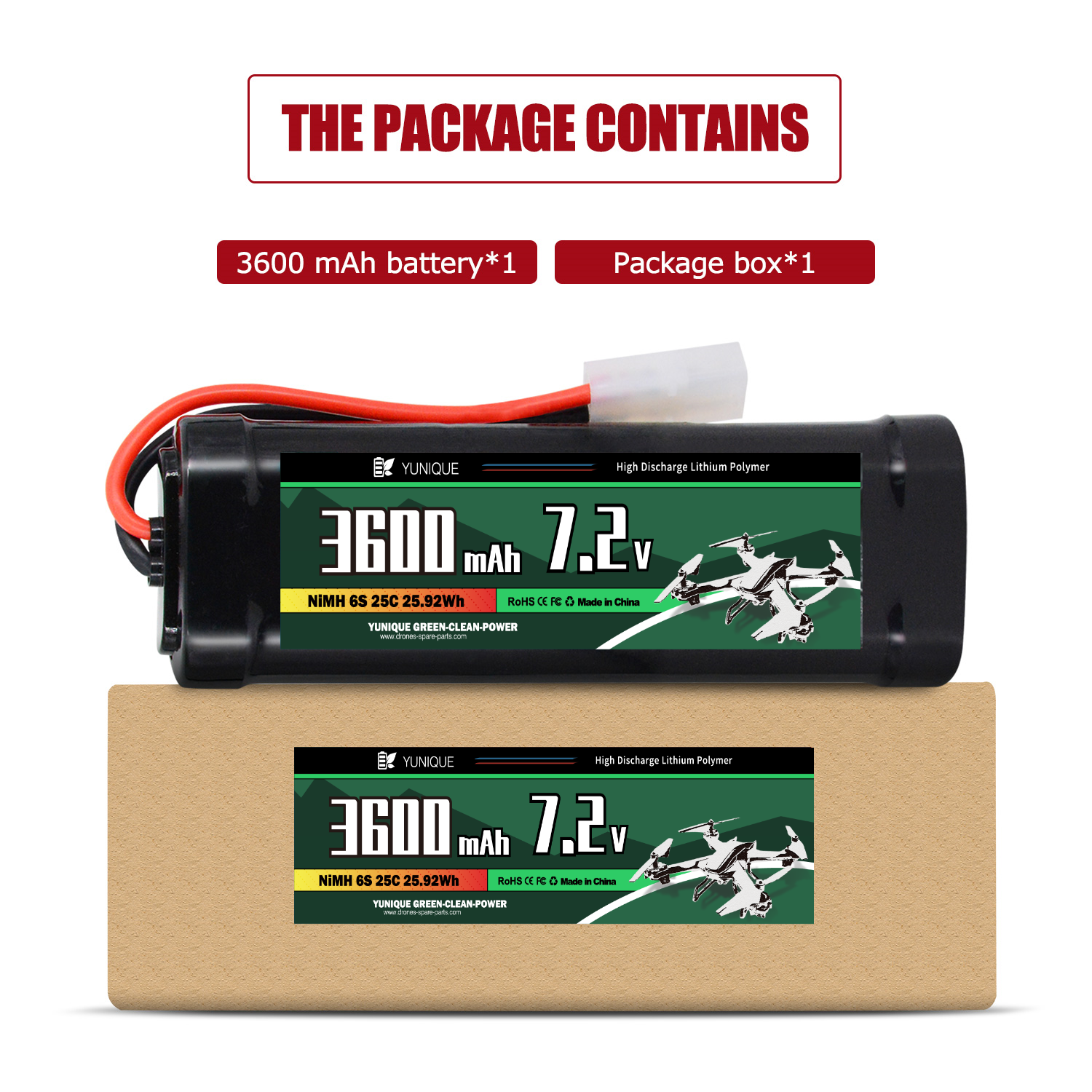 7.2V 3600mAh Rechargeable NiMH Battery with Tamiya Attachment and Silicone Cable - 6 Cells - Dimensions 135x47x24 mm - Power for RC Models