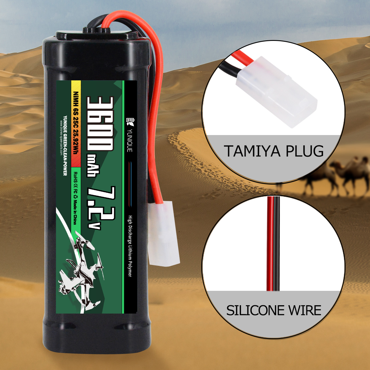 7.2V 3600mAh Rechargeable NiMH Battery with Tamiya Attachment and Silicone Cable - 6 Cells - Dimensions 135x47x24 mm - Power for RC Models