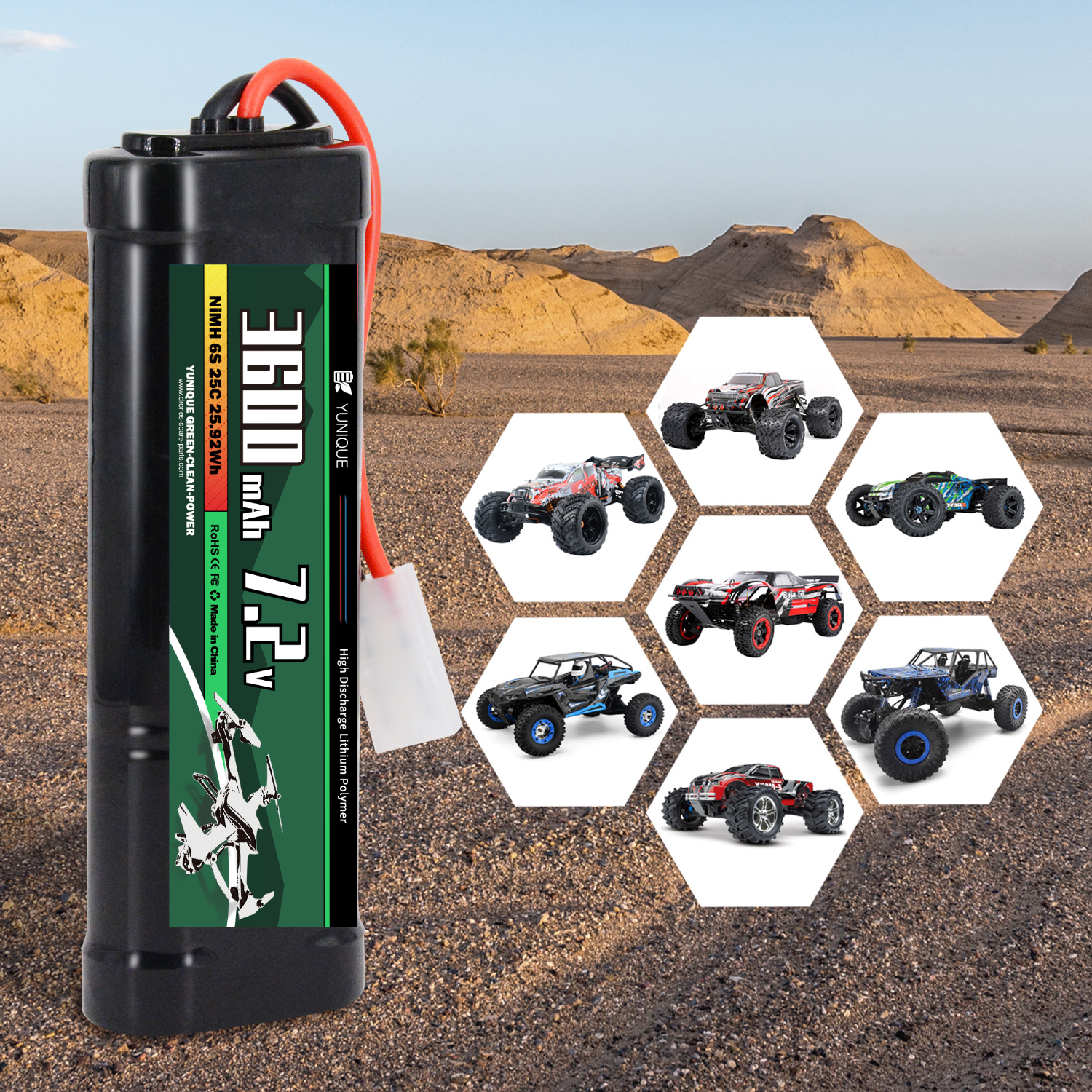 7.2V 3600mAh Rechargeable NiMH Battery with Tamiya Attachment and Silicone Cable - 6 Cells - Dimensions 135x47x24 mm - Power for RC Models