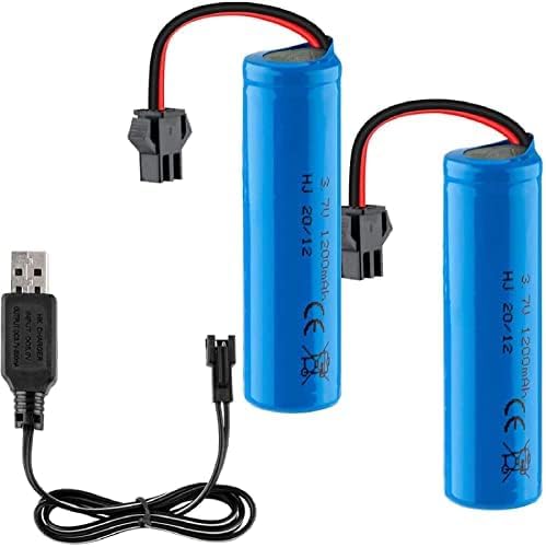 2 Pieces 3.7V 1200mAh Batteries with USB Charging Cable, SM-2P Plug, Compatible with DE45 DE42 1:14 Off-road and Drift Racing