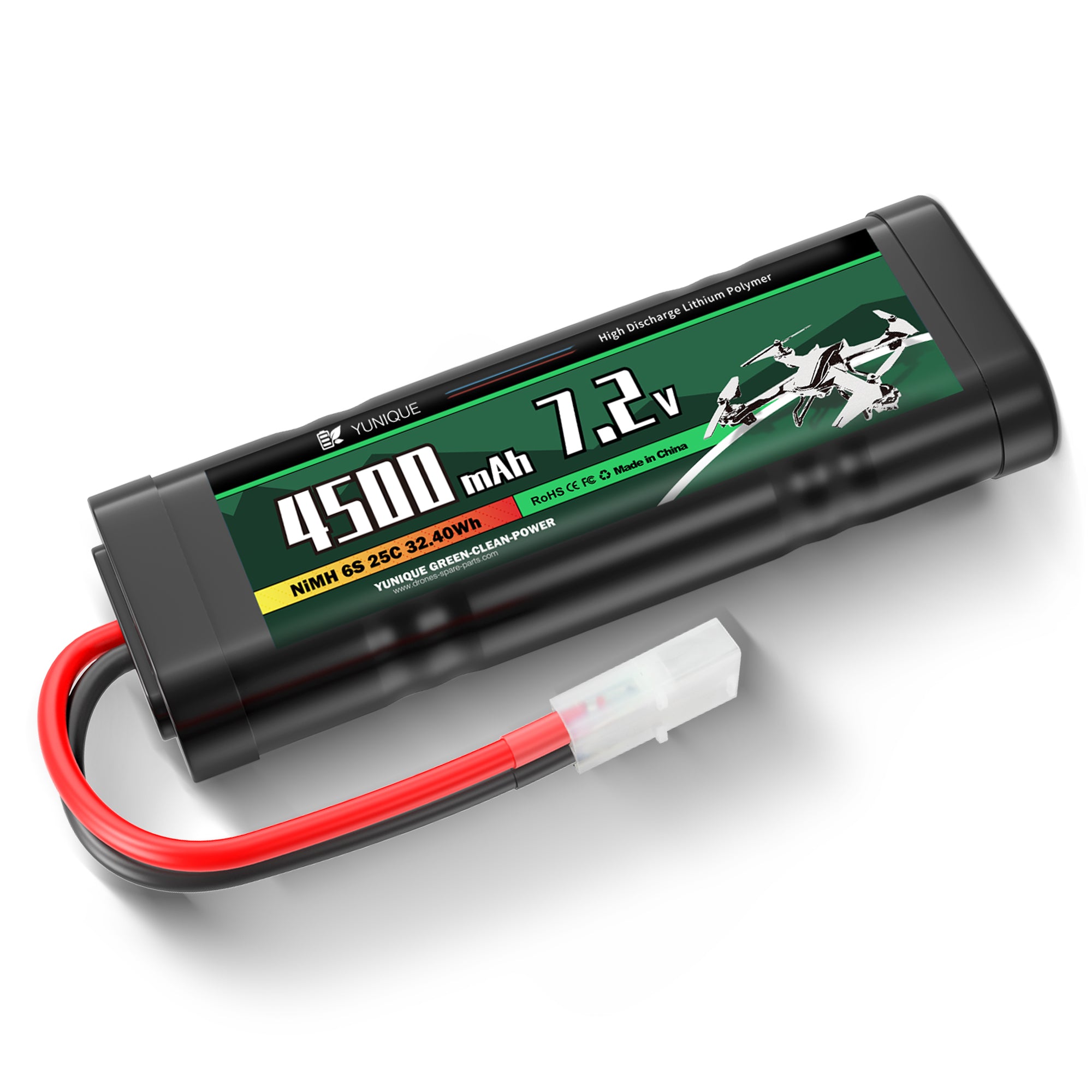 7.2V 4500mAh Rechargeable NiMH Battery with Tamiya Attachment and Silicone Cable - 6 Cells - Dimensions 135x47x24 mm - Power for RC Models