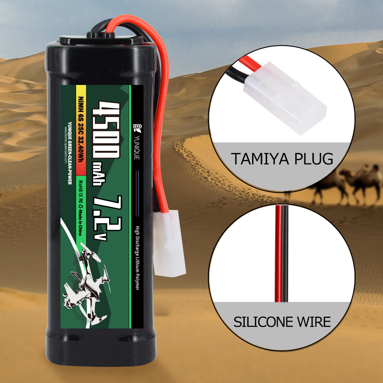 7.2V 4500mAh Rechargeable NiMH Battery with Tamiya Attachment and Silicone Cable - 6 Cells - Dimensions 135x47x24 mm - Power for RC Models