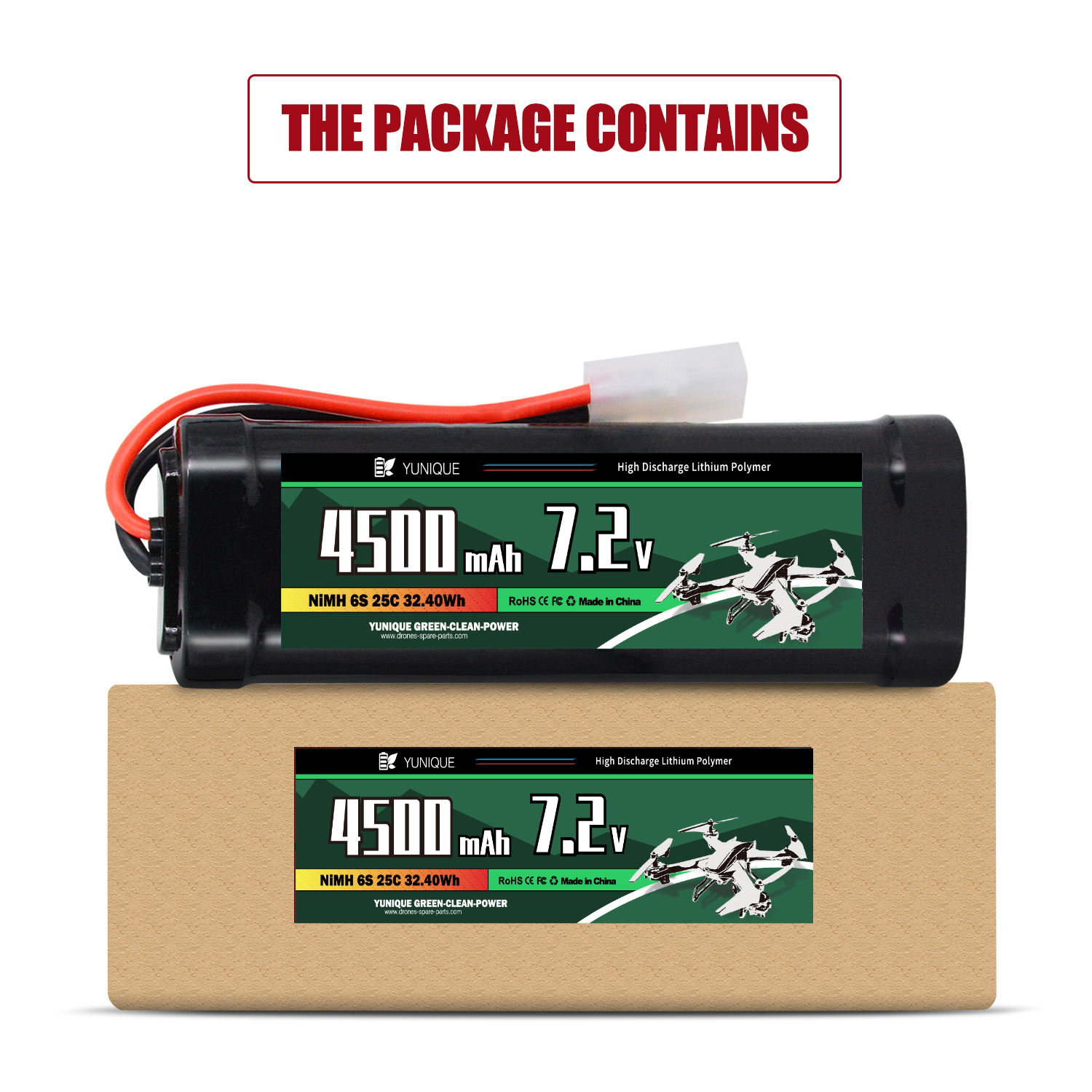 7.2V 4500mAh Rechargeable NiMH Battery with Tamiya Attachment and Silicone Cable - 6 Cells - Dimensions 135x47x24 mm - Power for RC Models