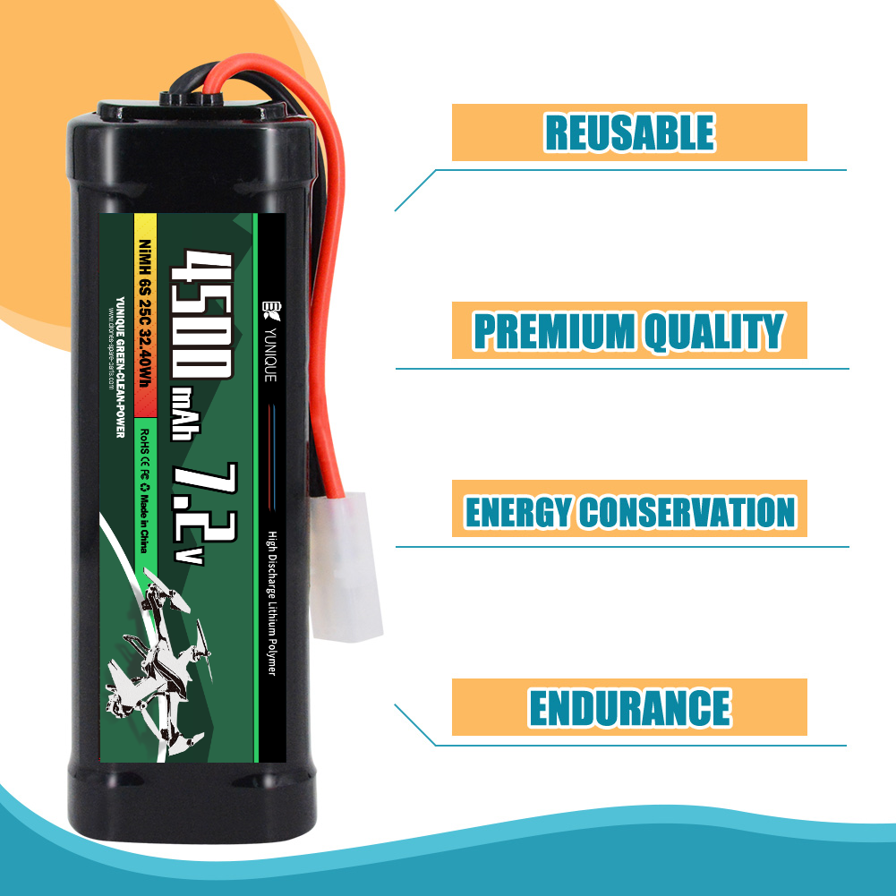 7.2V 4500mAh Rechargeable NiMH Battery with Tamiya Attachment and Silicone Cable - 6 Cells - Dimensions 135x47x24 mm - Power for RC Models