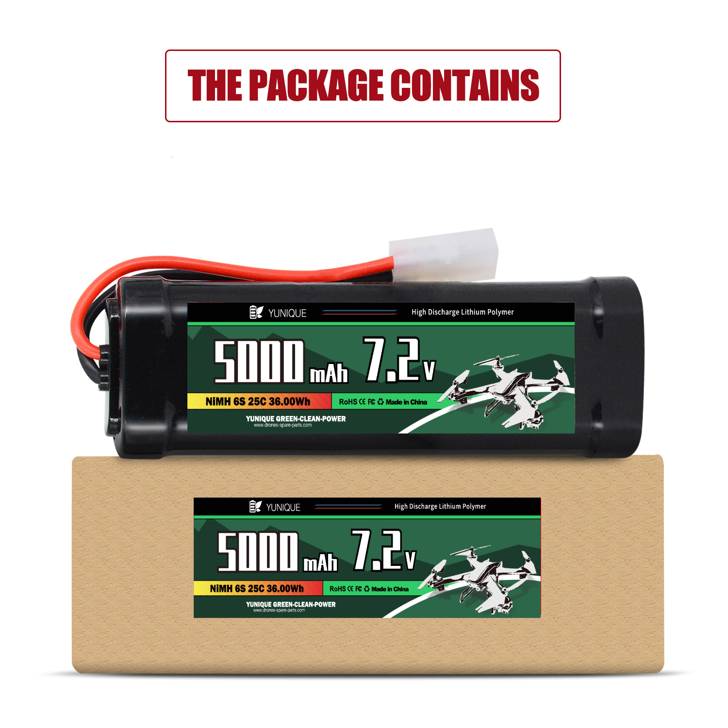 NiMH 7.2V 5000mAh Rechargeable Battery with Tamiya Attachment and Silicone Cable - 6 Cells - Dimensions 135X47X24mm - High Capacity for RC Models