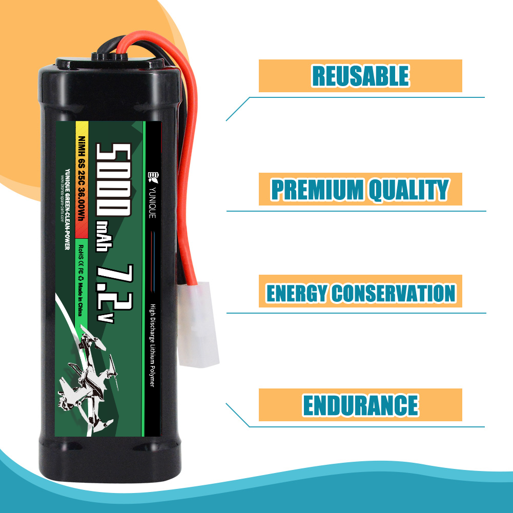 NiMH 7.2V 5000mAh Rechargeable Battery with Tamiya Attachment and Silicone Cable - 6 Cells - Dimensions 135X47X24mm - High Capacity for RC Models