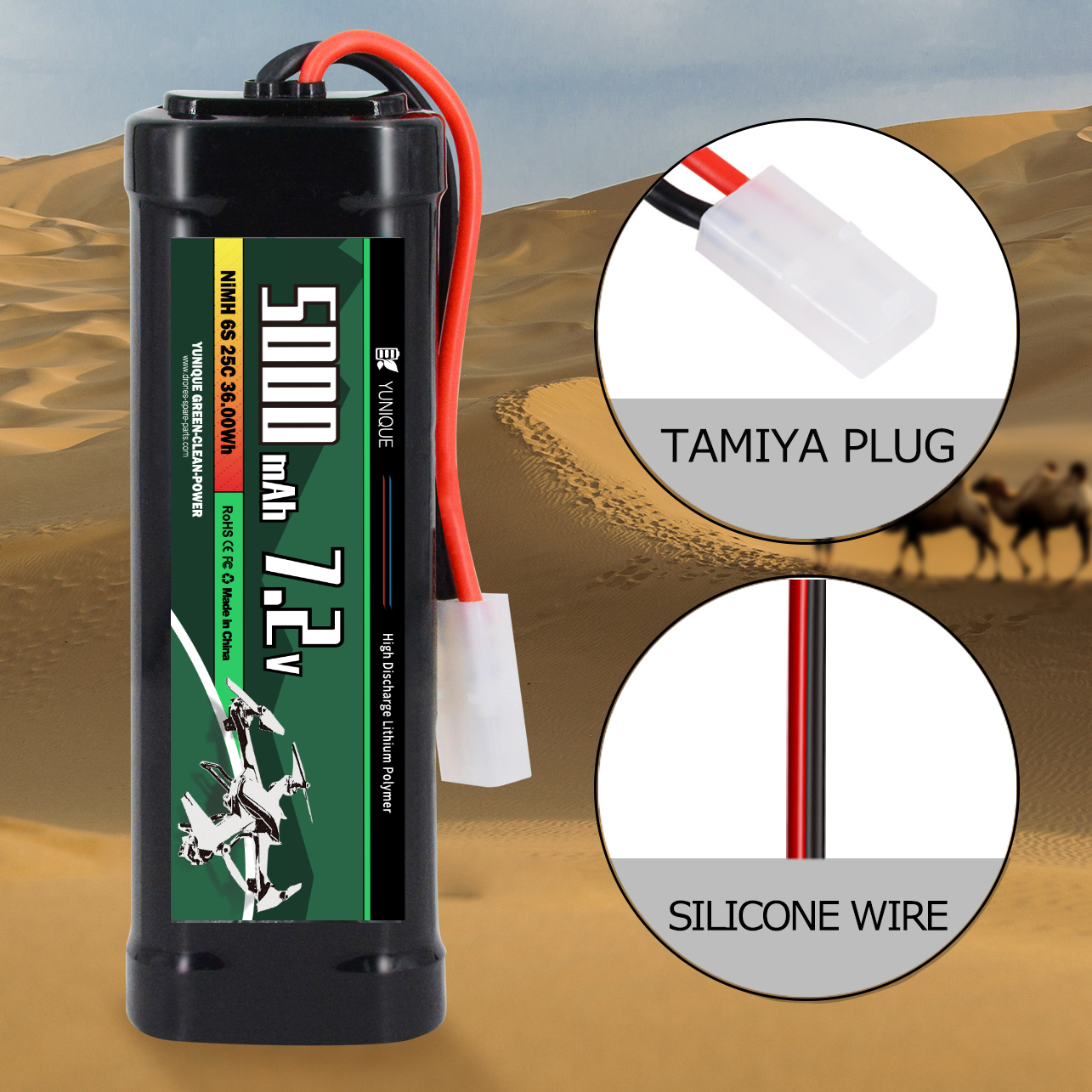 NiMH 7.2V 5000mAh Rechargeable Battery with Tamiya Attachment and Silicone Cable - 6 Cells - Dimensions 135X47X24mm - High Capacity for RC Models