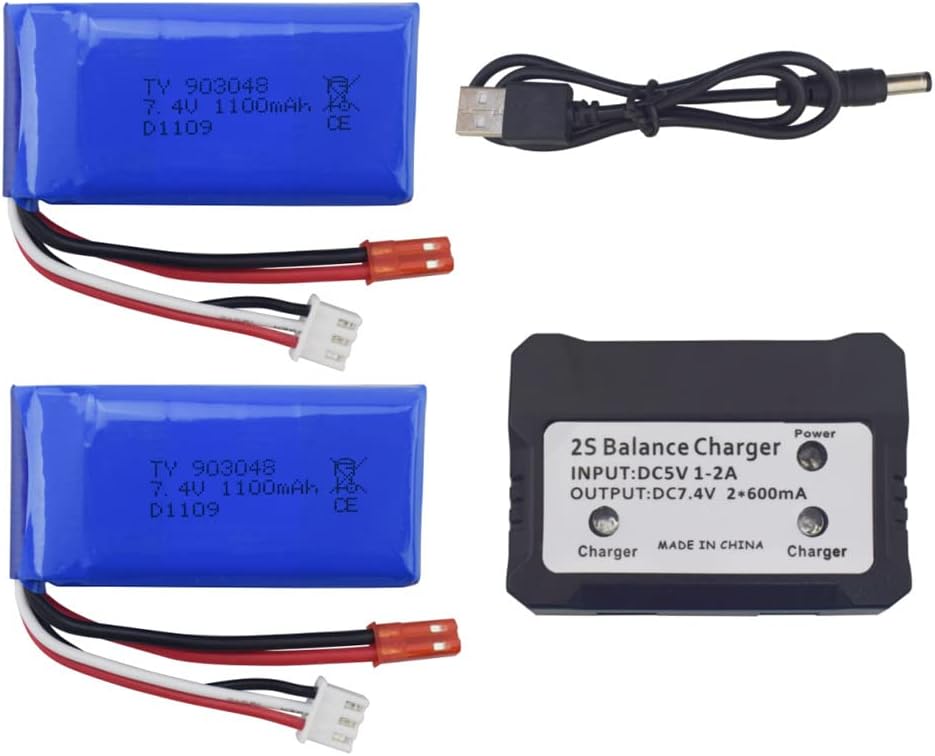 2 x 7.4V 1100mAh Lithium Battery Pack avec chargeur - Compatible avec WLtoys A949, A959, A969, A979, K929, V912, V913, L959