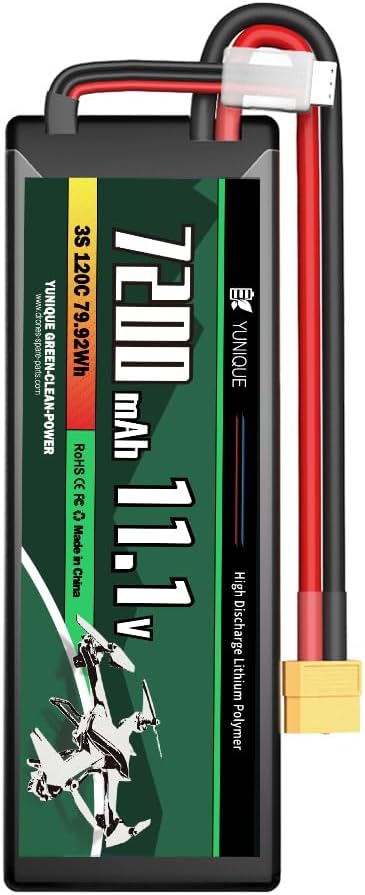 3-Cell 11.1V 7200mAh 120C Lipo Battery with XT90 Connector, Silicone Cable and Hard Shell - Dimensions 138X46X37 mm, Weight 488g - High Power for RC Models