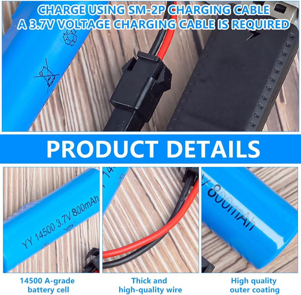 6 Pieces 3.7V 800mAh LiPo Batteries with SM-2P Connector and USB Charger for C2 D828 Models | High Autonomy | Secure Connection | Rechargeable and Sustainable, Blue