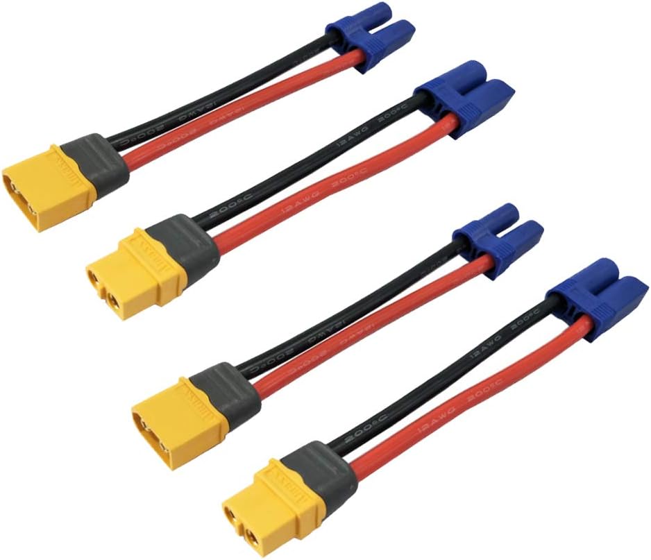 2 Pairs XT60 to EC5 Connector Adapters - Male and Female - 12AWG Silicone Cable for RC Modeling and Drones