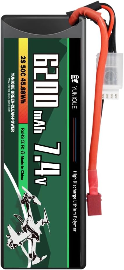 2-Cell 7.4V 6200mAh 50C Lipo Battery with T-PLUG Connector, Silicone Cable and Hard Shell - Size 137x46x24 mm, Weight 246g - High Power for RC Models