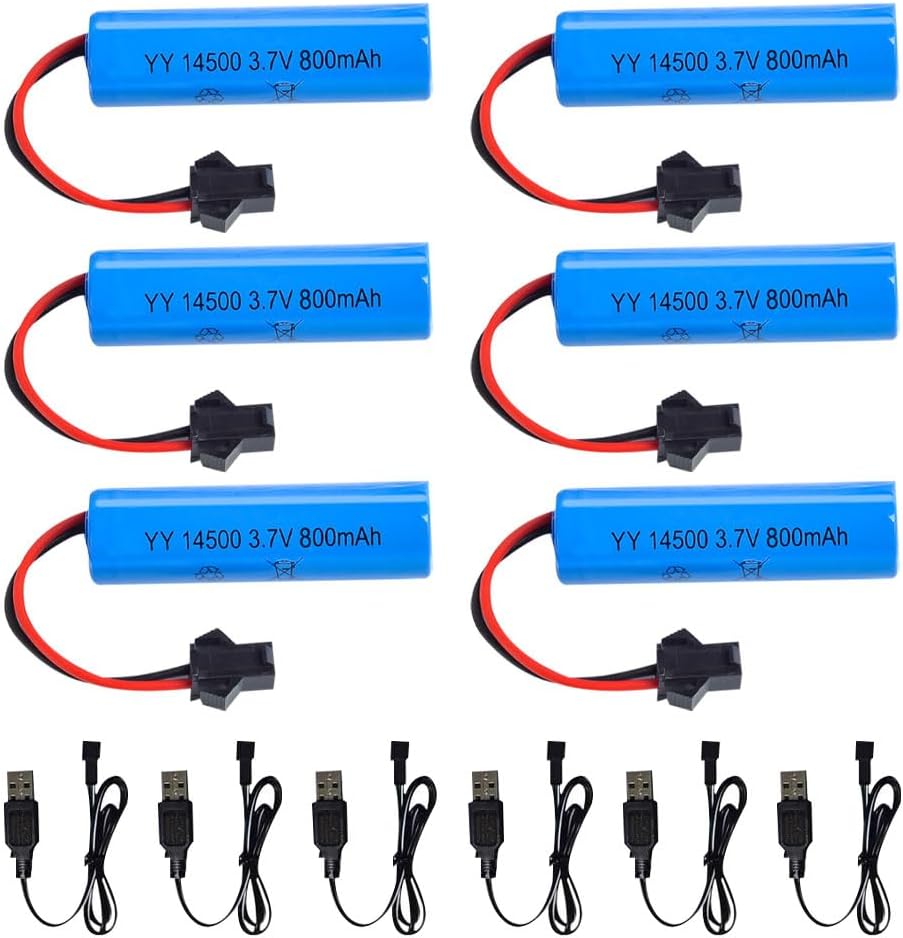 6 Pieces 3.7V 800mAh LiPo Batteries with SM-2P Connector and USB Charger for C2 D828 Models | High Autonomy | Secure Connection | Rechargeable and Sustainable, Blue