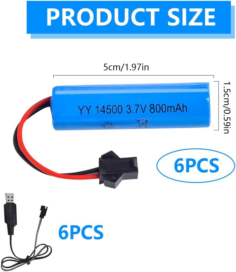 6 Pieces 3.7V 800mAh LiPo Batteries with SM-2P Connector and USB Charger for C2 D828 Models | High Autonomy | Secure Connection | Rechargeable and Sustainable, Blue