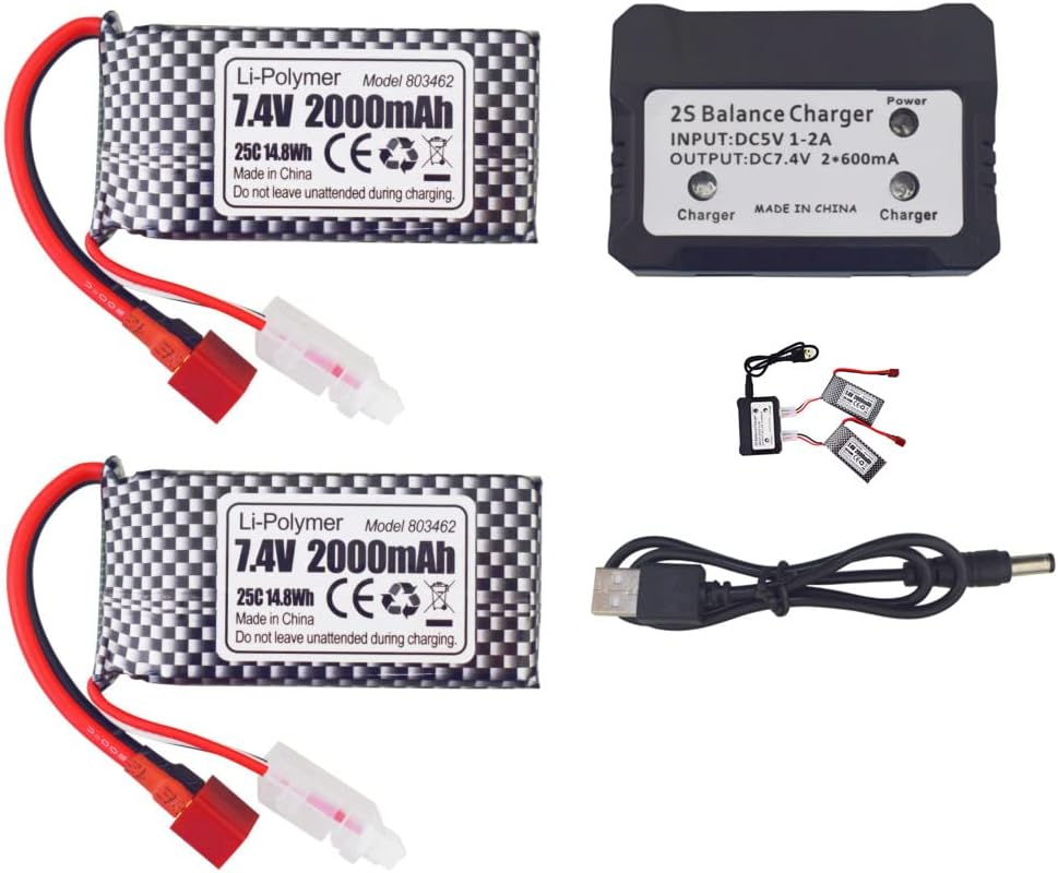 Set 2 Batterie LiPo 7.4V 2000mAh con T-plug e Caricatore 2in1 | Compatibile RC 9200, 9200E, S920, 9125