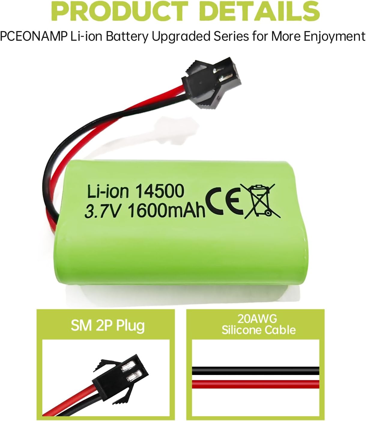 Rechargeable Li-ion 3.7V 1600mAh Battery with SM-2P Connector + USB Cable - Compatible with RC Cars 9962 8837 and Toy Engineering Trucks