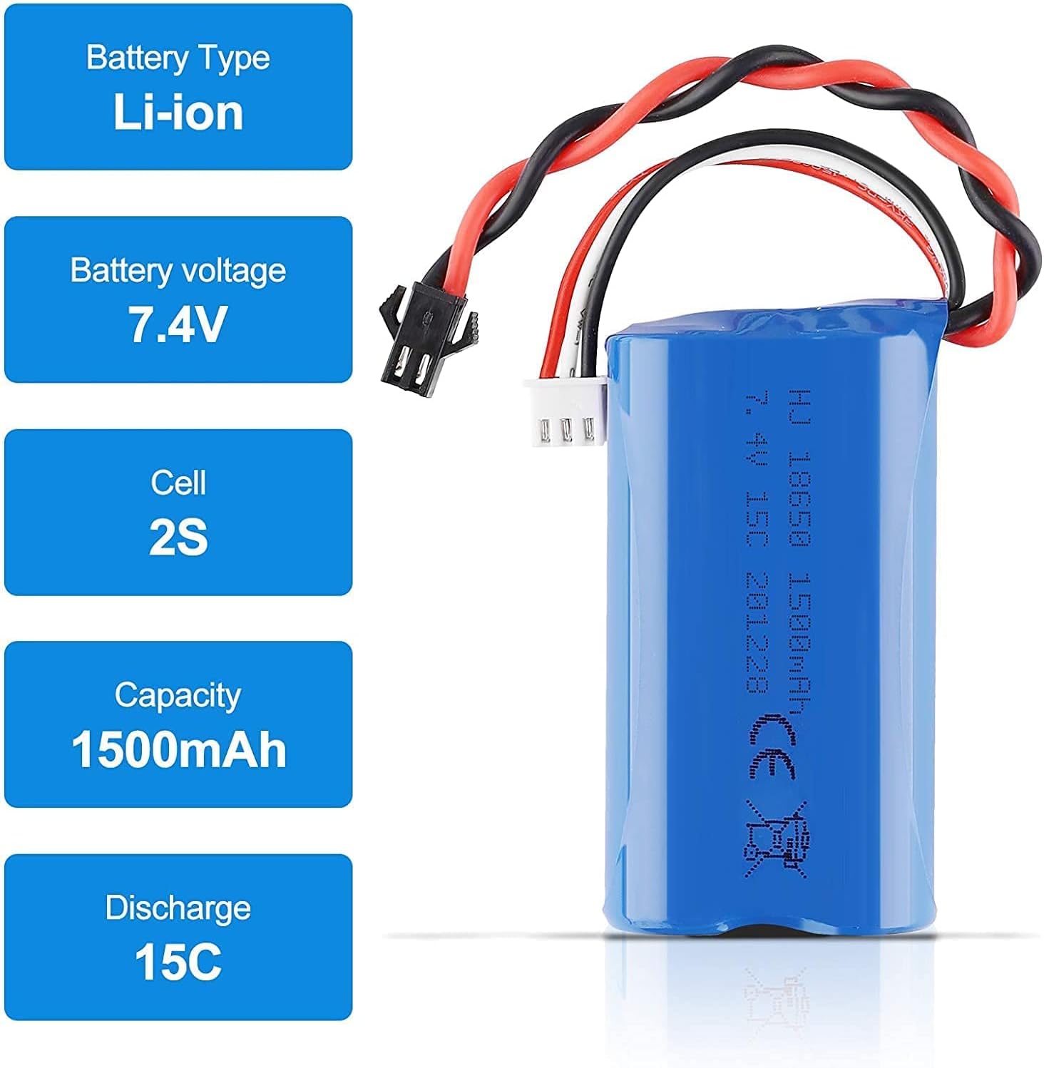Lipo 1500mAh 7.4V 2S Battery with USB Charger Cable | Compatible with Rc Toys U12A S033G Q1 H101 | SM-2P Connector | Extended Life, Blue | 67x19x37-96 Gr