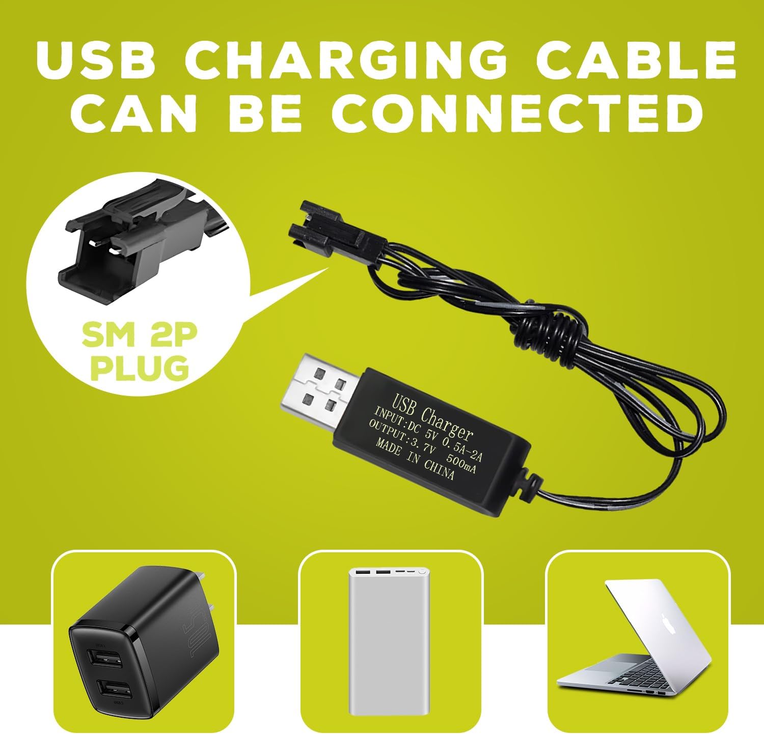 2 Pieces 3.7V 1600mAh Li-ion Rechargeable Batteries with SM-2P Connector + USB Cables - Compatible with RC Car 9962 8837 and Toy Truck