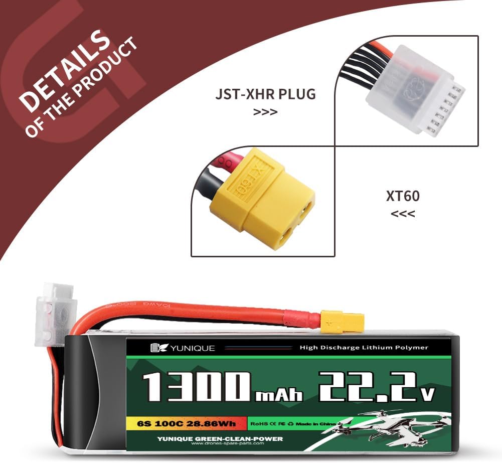 Batteria Lipo 6 Celle 22.2V 1300mAh 100C con Connettore XT60, Cavo in Silicone e Guscio Morbido - Dimensioni 74x38x38 mm, Peso 265g - Alta Potenza per Modelli RC