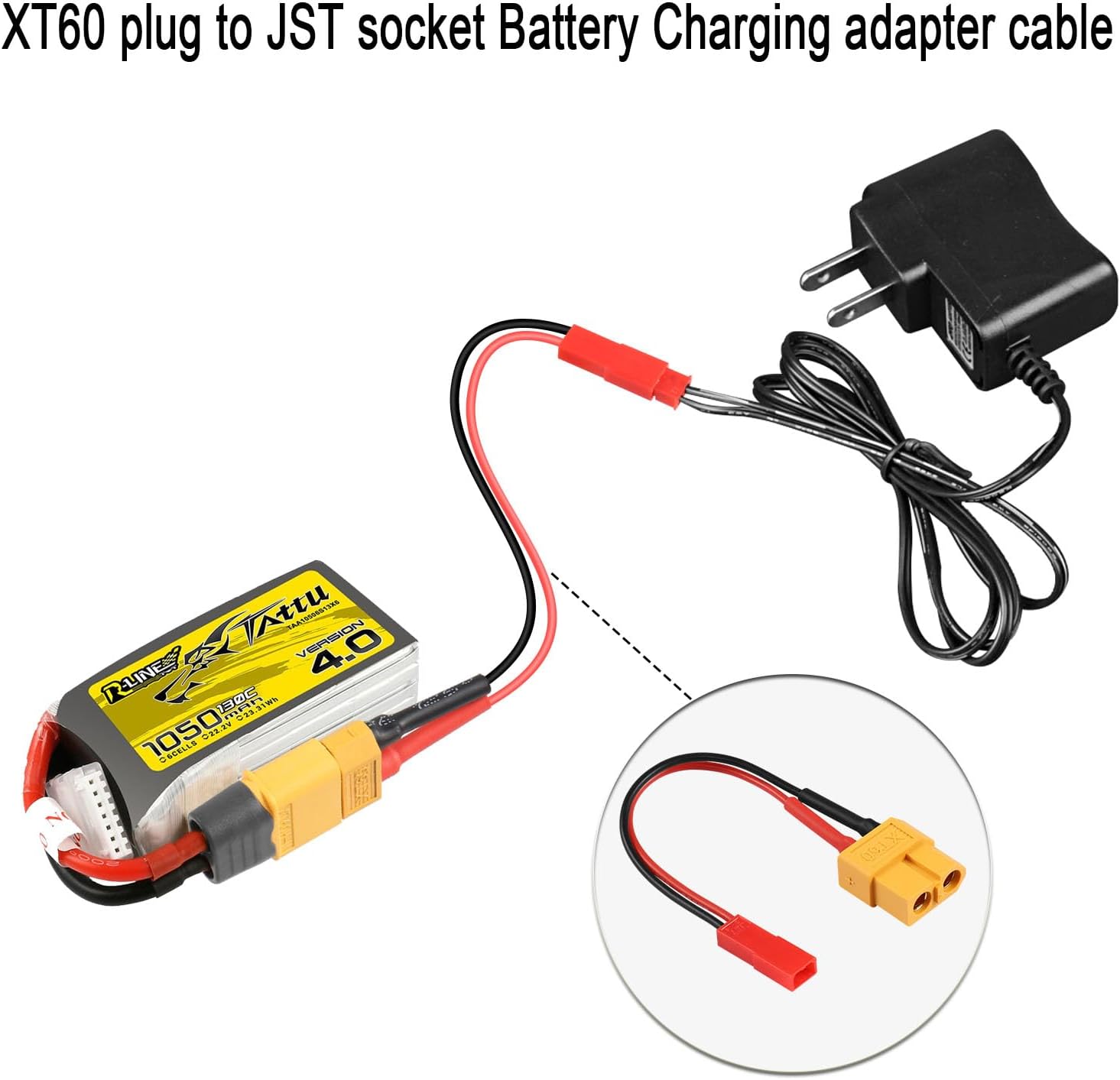 Set of 2 Charging Adapter Cables XT60 Female to JST Male, 22AWG, for RC LiPo Batteries, Cars, Quadcopters - Converters XT60 Socket to JST Plug, Length 10 cm