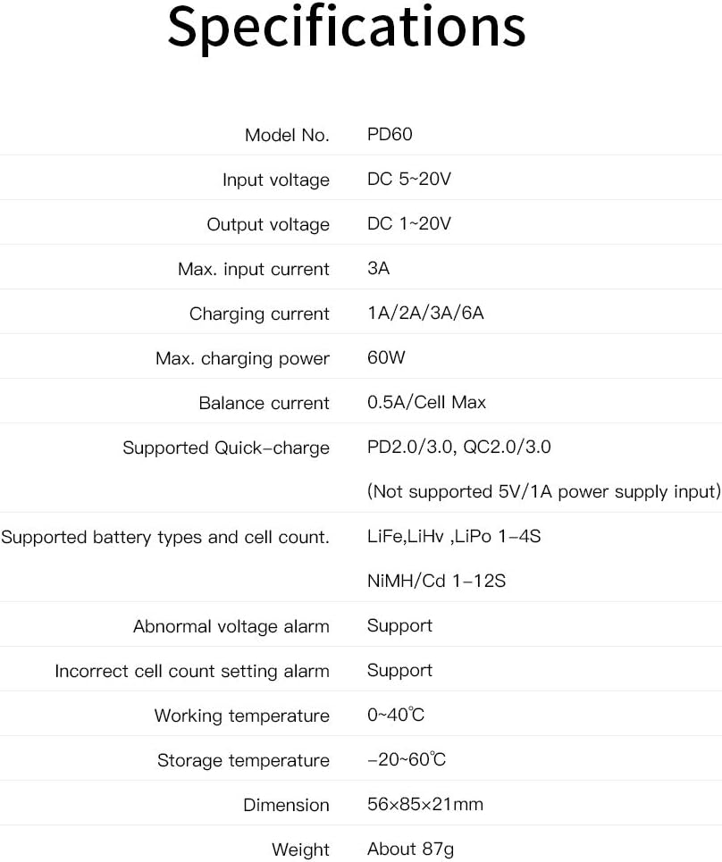 Caricatore Lipo Balance PD60, 60W 6A | Ingresso Tipo-C | Per 1-4S Lipo/LiFe/LiIon & 1-12S LiHv/Pb/NiMH | Compatibile Tello DJI, Radiofly Space Kondor, BD-1