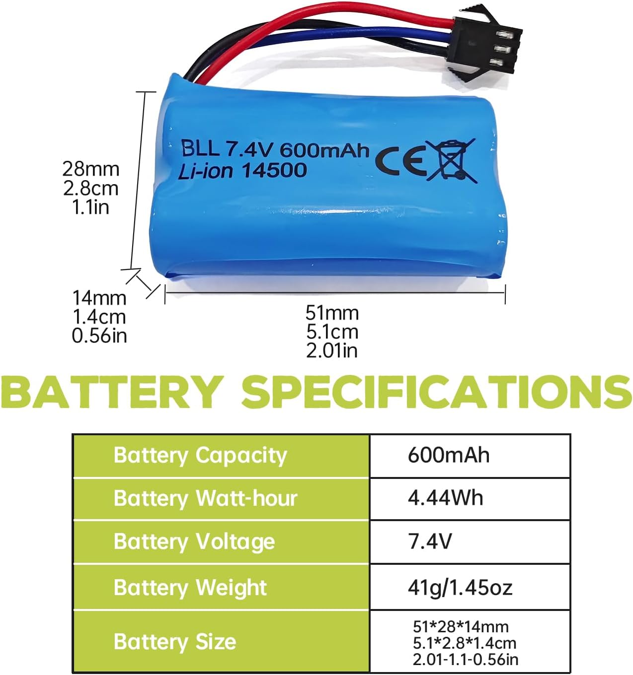 2 Li-ion 7.4V 600mAh 2S Batteries with SM-3P Connector + USB Cable - Compatible with RC Car DE82, TK3086B, TK-3082B, G20601, Stunt Flip Car