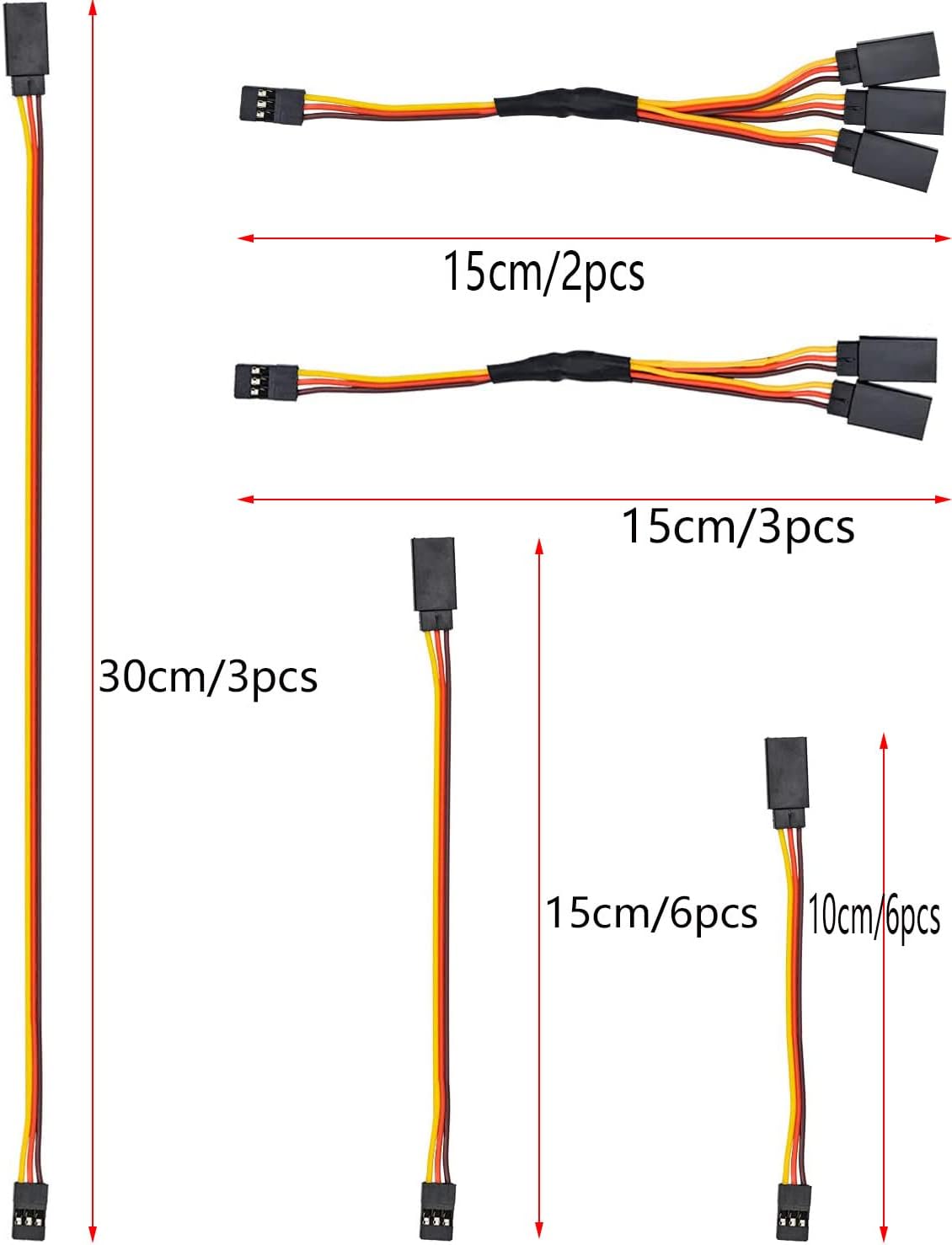20 PCS Servo Extension Cable Set for RC - JR Extension Cable, 3 Pin Male to Female, 1 to 2/1 to 3 - Sizes 100mm, 150mm, 300mm RC