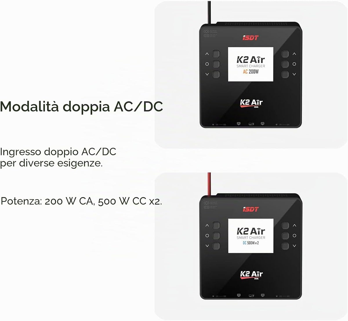 ISDT K2 Air Caricabatterie Smart Bluetooth AC/DC Dual Channel | 200W AC, 500W x 2 DC, 20A x 2 Bilanciatore per LiPo LiHV LiFe Li-Ion 1-6S, NiMH NiCd 1-16S