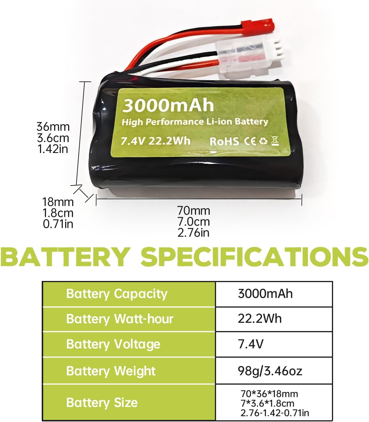 Set of 4 Li-ion 3.7V 3000mAh Batteries with USB Chargers for RC Cars, Compatibility with DE45 DE42 1:14 Off-Road and Drift Racing Models