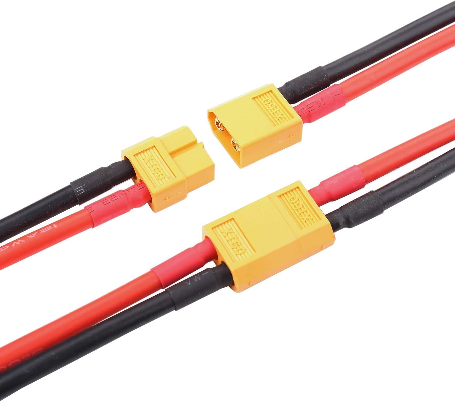 Set of 2 Pairs of XT60 Male and Female Connectors with 100mm 12AWG Silicone Cable, Ideal for RC Lipo Batteries and FPV Drones - XT-60 Plug-High Conductivity Connector