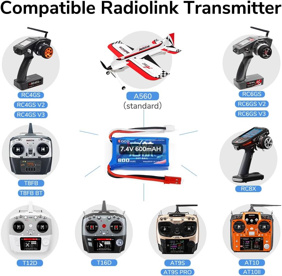 Batteria LiPo 7.4V 600mAh 15C 2S con Connettore JST a 2 Pin – Compatibile con RC A560, SU27, D460, RC4GS V3, RC6GS V3, AT10II, AT9S Pro, T8FB, T12D, T16D