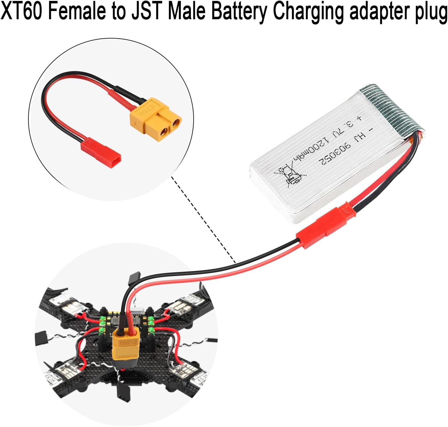 Set of 2 Charging Adapter Cables XT60 Female to JST Male, 22AWG, for RC LiPo Batteries, Cars, Quadcopters - Converters XT60 Socket to JST Plug, Length 10 cm