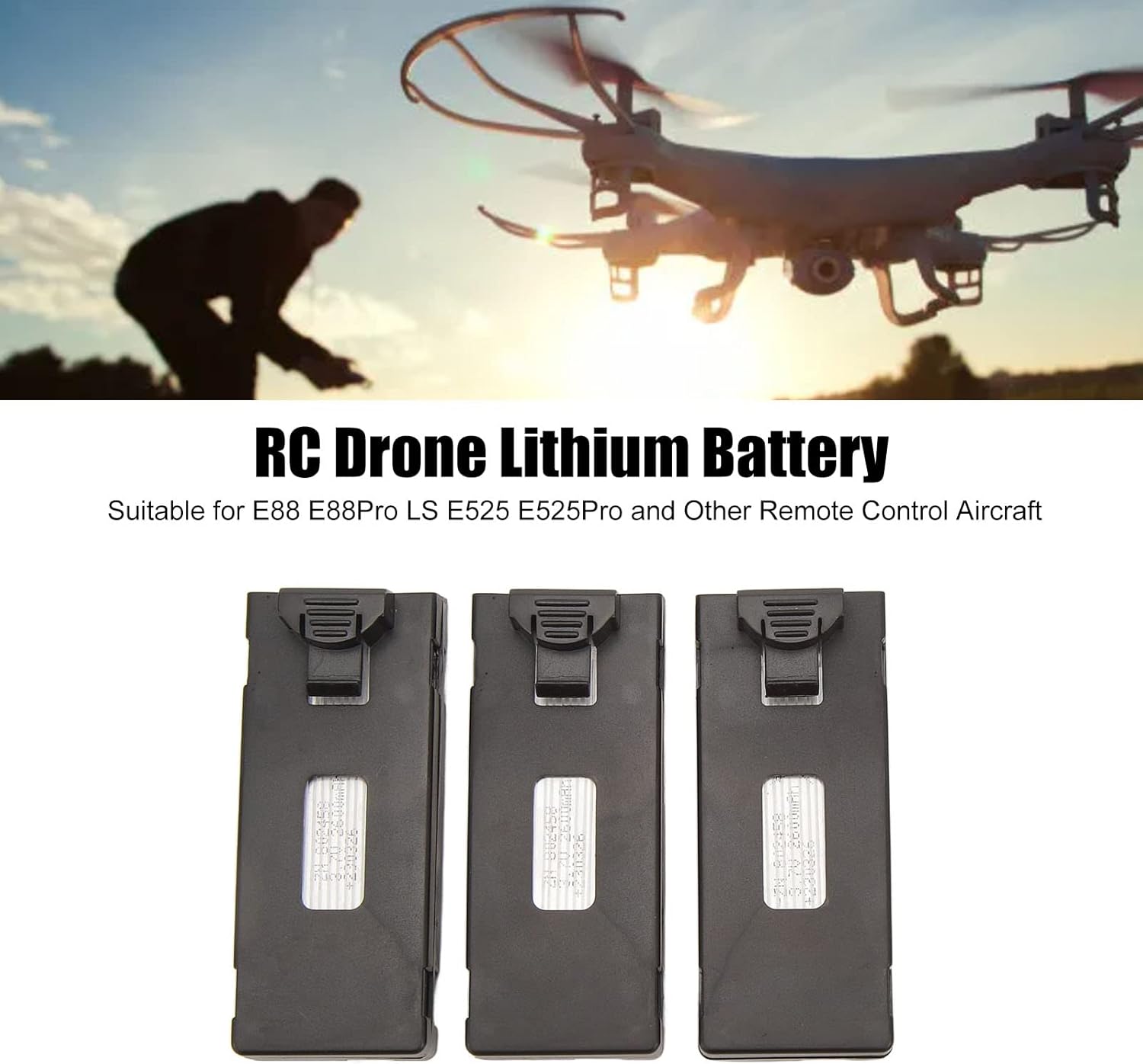 3 Pezzi Batterie al Litio 3.7V 2600mAh per Drone E88, E88Pro, LS E525, E525Pro con Cavo di Ricarica USB – Set di Batterie RC per Aerei e Droni Telecomandati