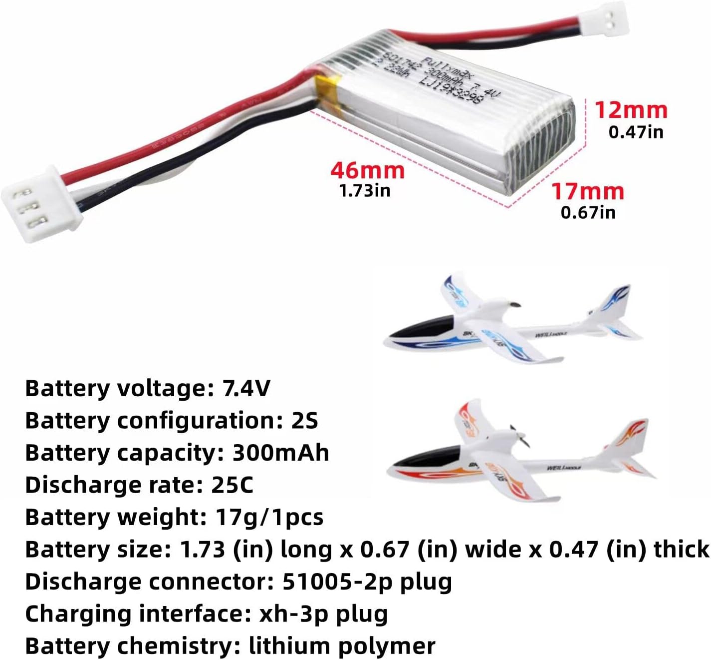 Set 2 Batterie Litio 7.4V 300mAh per WLToys F959, XK A600 | Compatibilità Estesa con RC Aereo | Prestazioni Prolungate, Silver