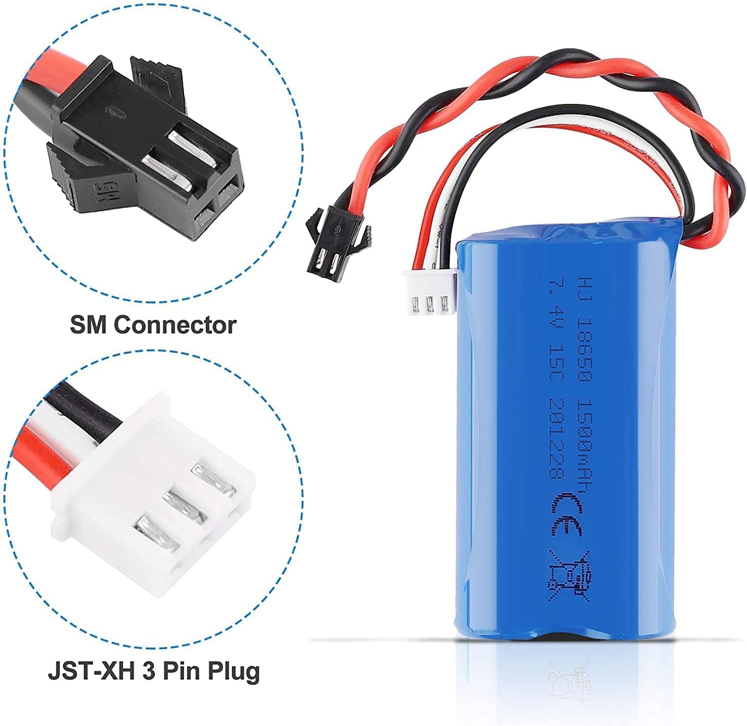 Lipo 1500mAh 7.4V 2S Battery with USB Charger Cable | Compatible with Rc Toys U12A S033G Q1 H101 | SM-2P Connector | Extended Life, Blue | 67x19x37-96 Gr