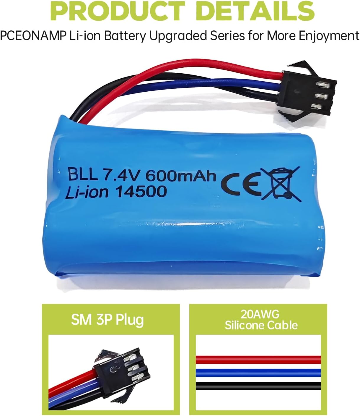 2 Batterie Li-ion 7.4V 600mAh 2S con Connettore SM-3P + Cavo USB – Compatibili con RC Car DE82, TK3086B, TK-3082B, G20601, Stunt Flip Car