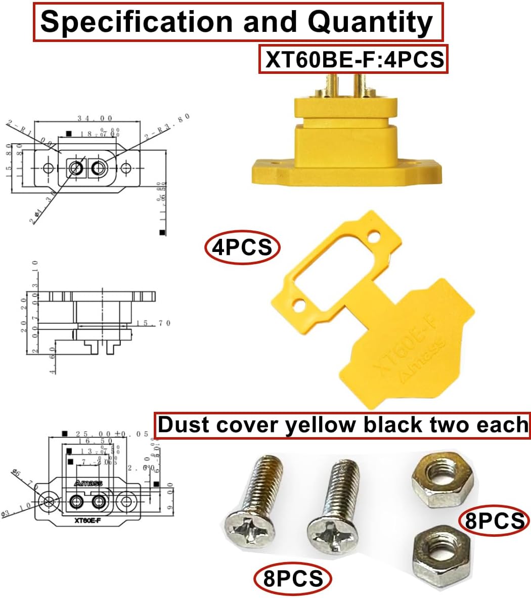 4 Pezzi Connettori XT60E-F ad Alta Corrente con Tappo in Gomma e Viti Impermeabili – Presa XT60 per Batterie Lipo RC FPV Drone, Auto, Aerei ed Elicotteri