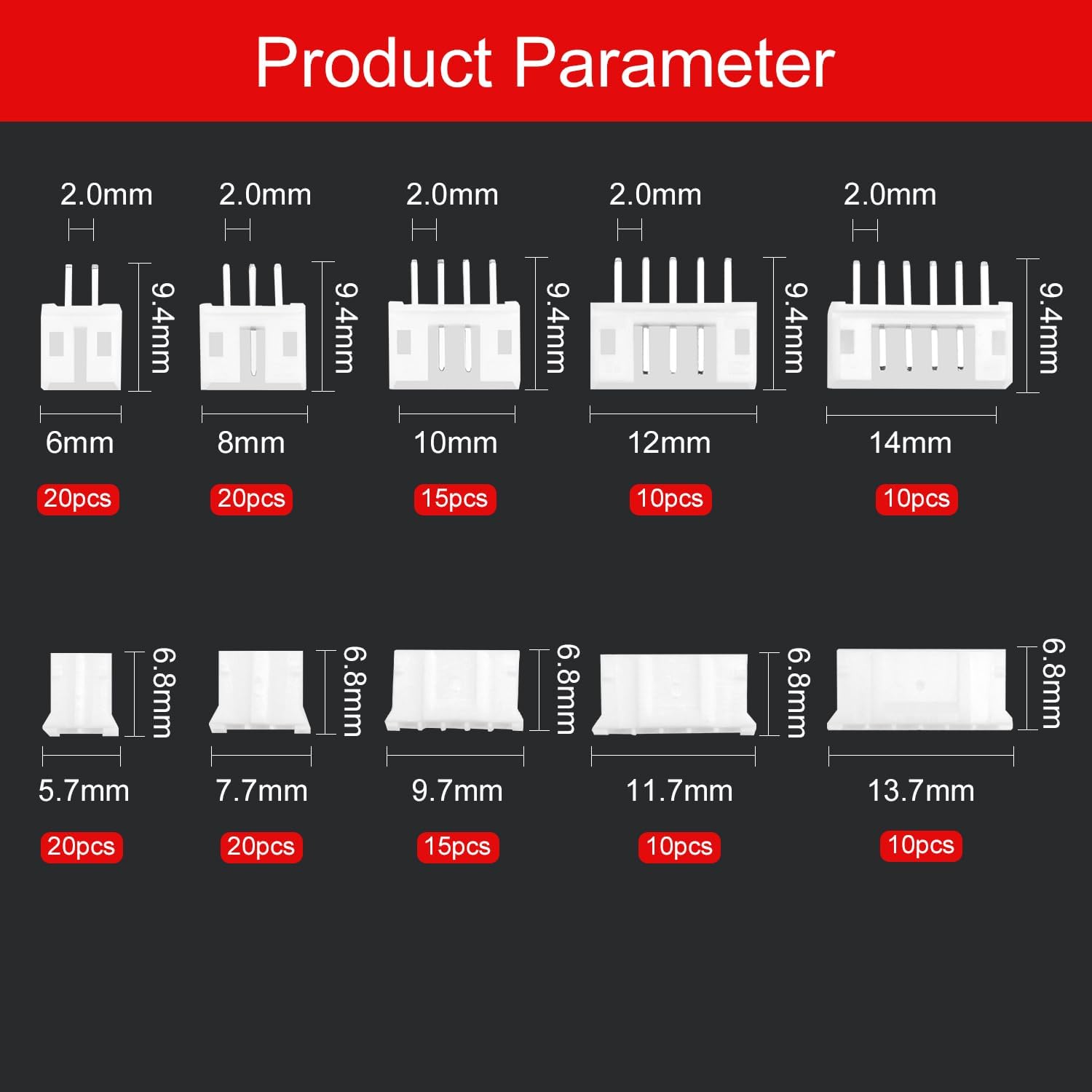 420 Pieces JST 2.0mm Connector Kit: JST-PH 2/3/4/5/6 Pin Set, Male and Female Connectors, 22AWG Pre-Crimped Cables and Dual Female Pins - Ideal for Electronics
