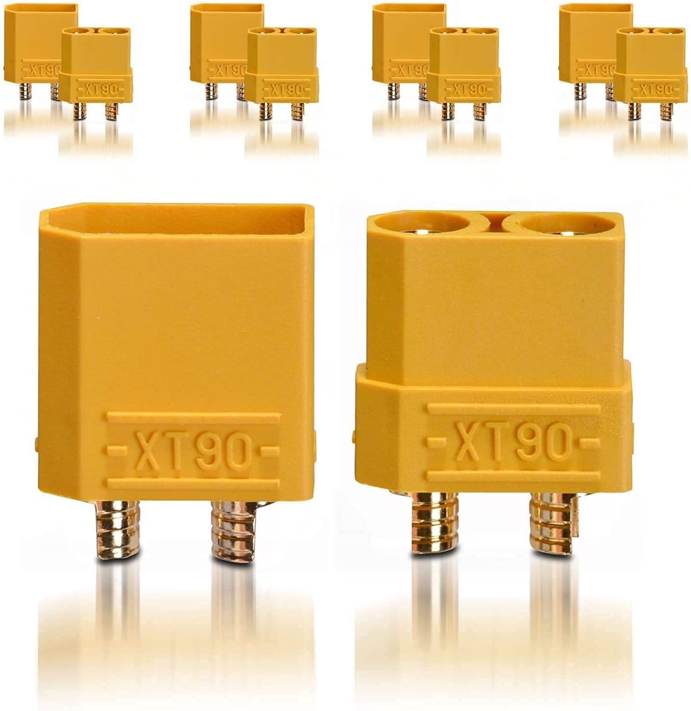 XT90H Male-Female Connectors 10 Pairs | Current Support 40A/90A Max | High Quality for RC Lipo Batteries | With Wire Feedthrough, Yellow, Plastic