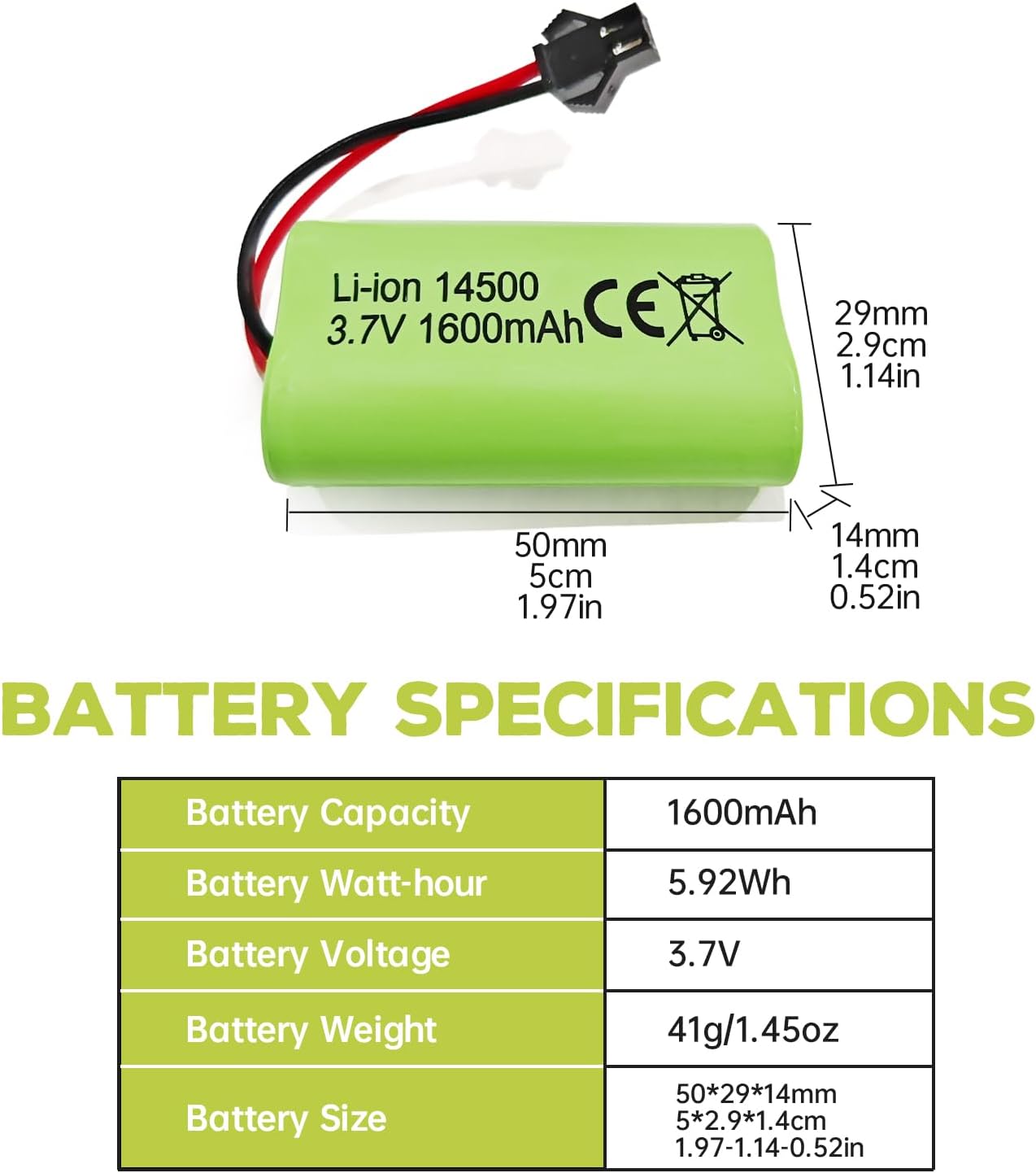 2 Pieces 3.7V 1600mAh Li-ion Rechargeable Batteries with SM-2P Connector + USB Cables - Compatible with RC Car 9962 8837 and Toy Truck