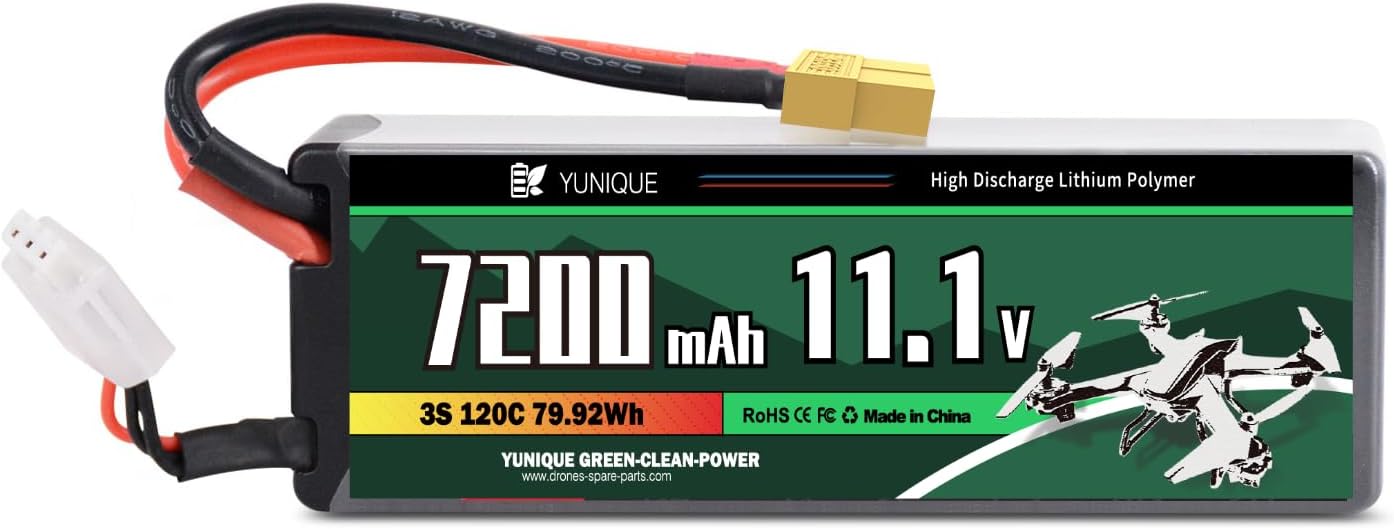 3-Cell 11.1V 7200mAh 120C Lipo Battery with XT90 Connector, Silicone Cable and Hard Shell - Dimensions 138X46X37 mm, Weight 488g - High Power for RC Models
