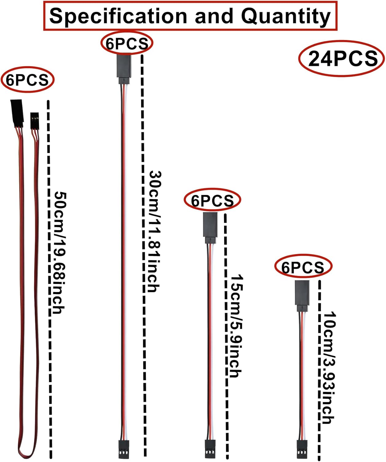 Set 24 Pezzi Cavi Servo di Estensione 3 Pin JR Maschio a Futaba Femmina – Prolunghe Servo RC da 10/15/30/50 cm – Compatibili con Auto, Droni, Aerei