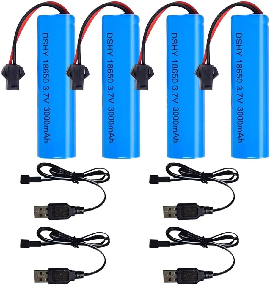 Set of 4 Li-ion 3.7V 3000mAh Batteries with USB Chargers for RC Cars, Compatibility with DE45 DE42 1:14 Off-Road and Drift Racing Models