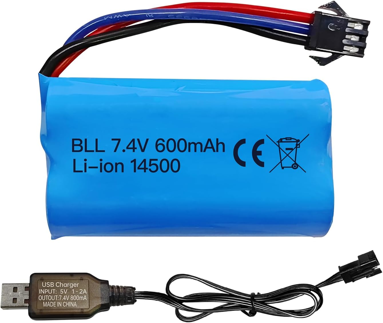 1 Li-ion 7.4V 600mAh 2S Battery with SM-3P Connector + USB Cable - Compatible with RC Car DE82, TK3086B, TK-3082B, G20601, Stunt Flip Car