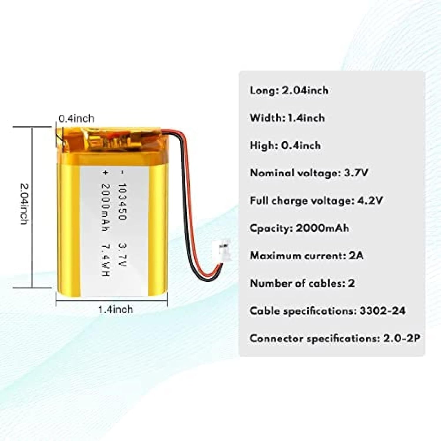 103450 Rechargeable Lipo Battery (3.7v, 1800mAh Lipo) for Bluetooth Headset, smart watch, POS,