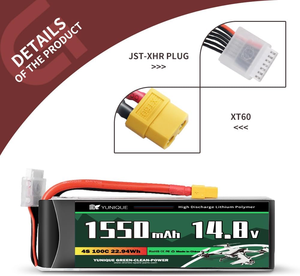 Lipo Battery 4 Cells 14.8V 1550mAh 100C with XT60 Connector, Silicone Cable and Soft Shell - Size 78X38X29 mm, Weight 180g - High Power for RC Models