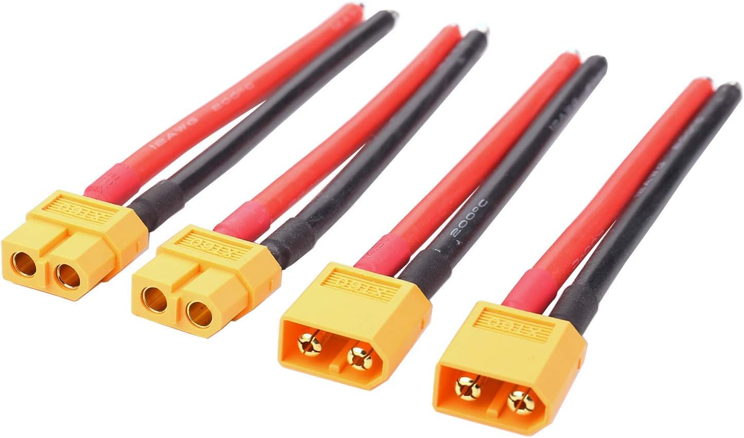 Sada 2 párů konektorů XT60 samec a samice se 100mm silikonovým kabelem 12AWG, ideální pro RC Lipo baterie a FPV drony - XT-60 vysoce vodivý konektor-zástrčka