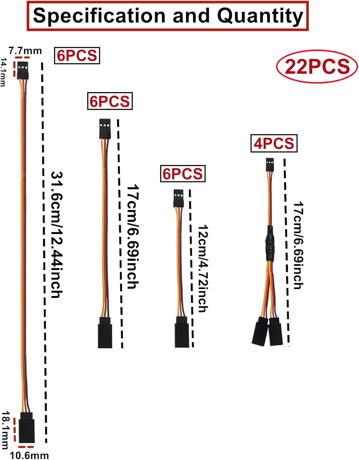 22 Cavi Prolunga Servo JR 3 Pin 22AWG + Y Splitter 1 a 2 RC Drone Auto Elicotteri Aeromodelli