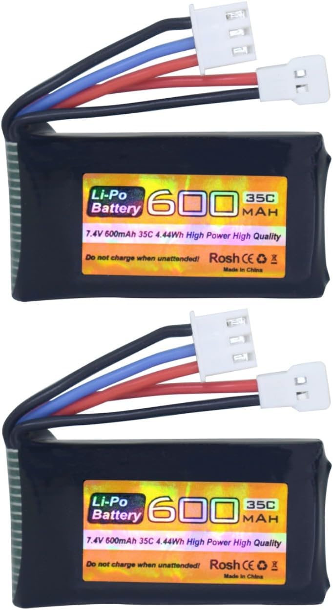 Set of 2 LiPo 7.4V 600mAh 35C 2S Batteries with Molex Plug - Compatible with FMS FCX24 RC Car Truck and Climbing Electric Vehicles