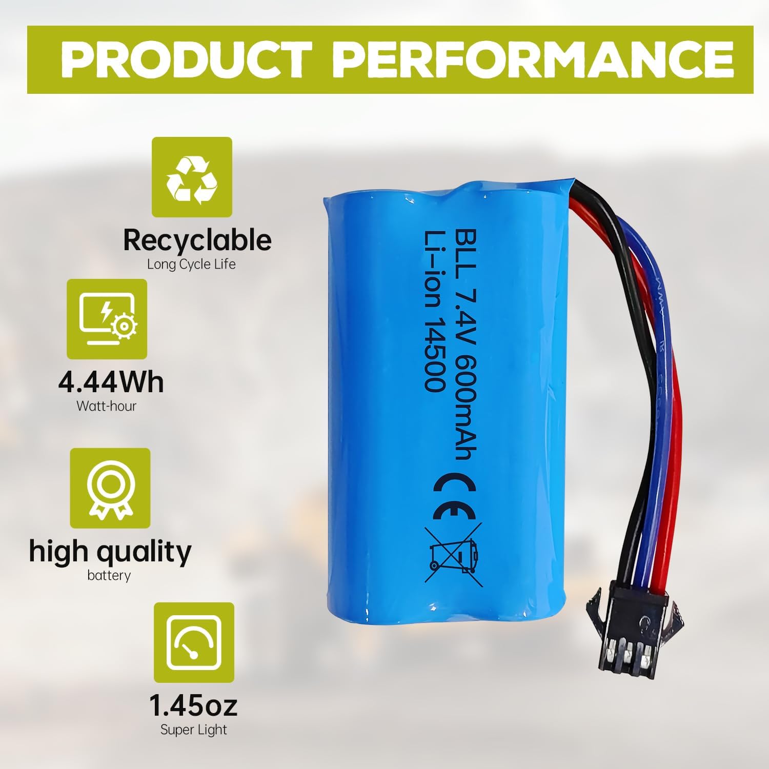 1 Batteria Li-ion 7.4V 600mAh 2S con Connettore SM-3P + Cavo USB – Compatibile con RC Car DE82, TK3086B, TK-3082B, G20601, Stunt Flip Car